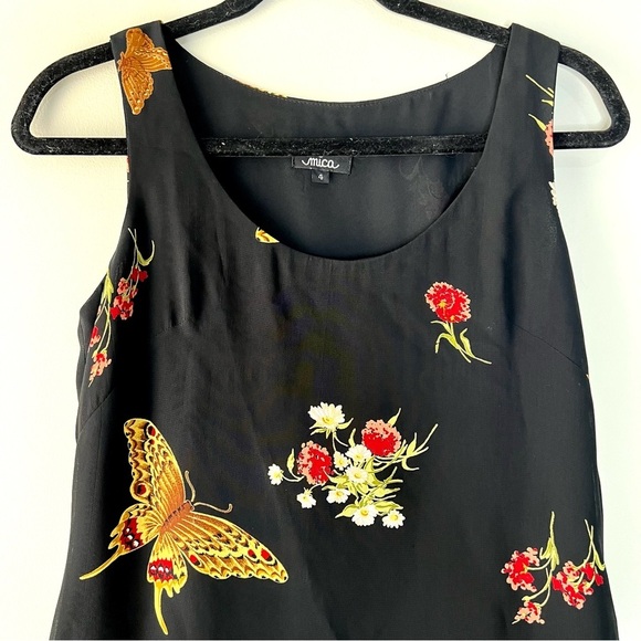 Mica Vintage 90s Moth & Floral Black Midi Dress Lined Waist Tie Gold Red S/M 4 - Picture 3 of 6